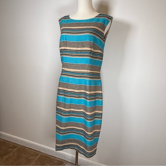 The Limited Blue And Tan Striped Sleeveless Linen Cotton Blend Dress Size 10 - Picture 3 of 12